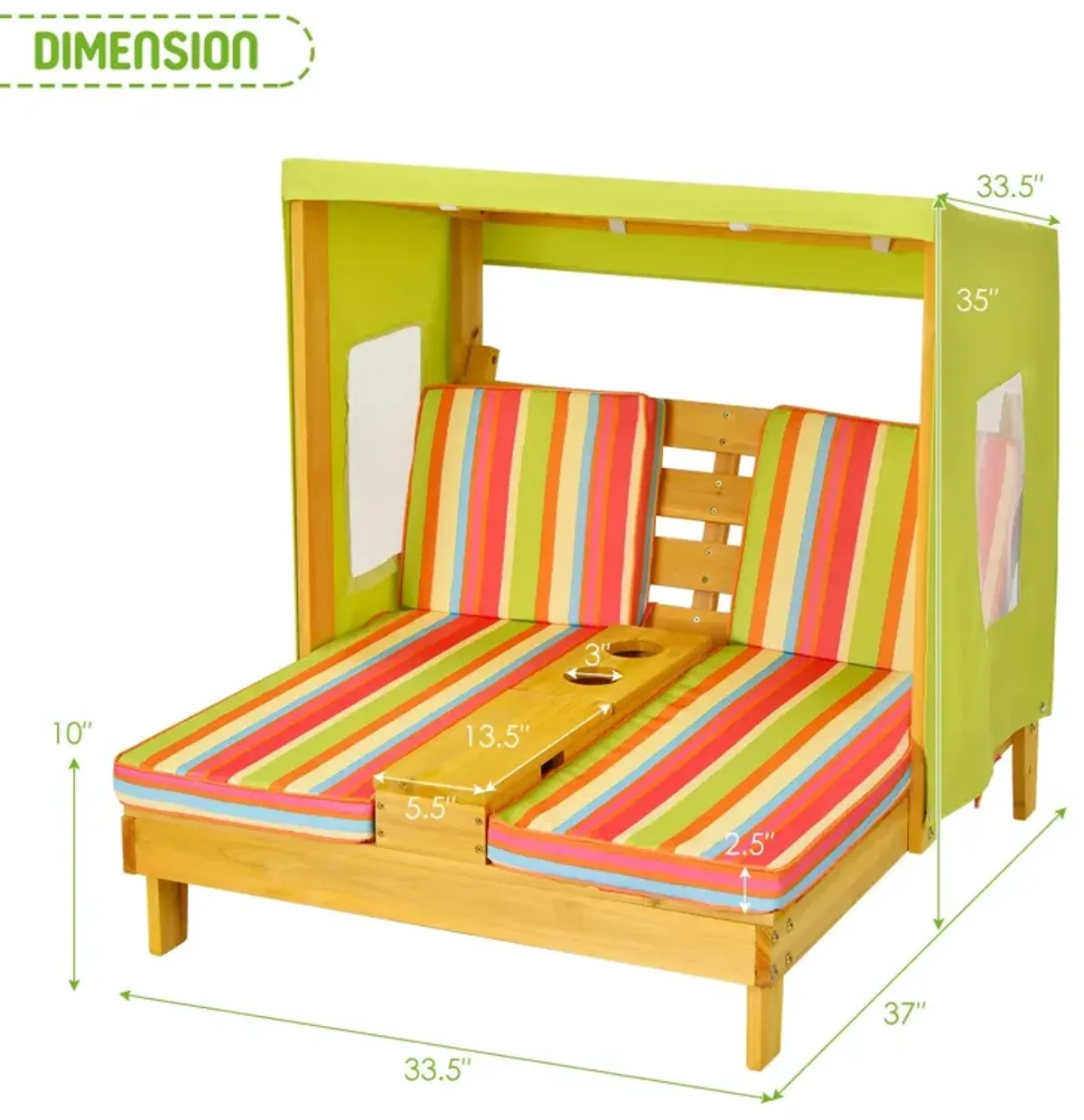 Kids Patio Lounge Chair with Cup Holders and Awning