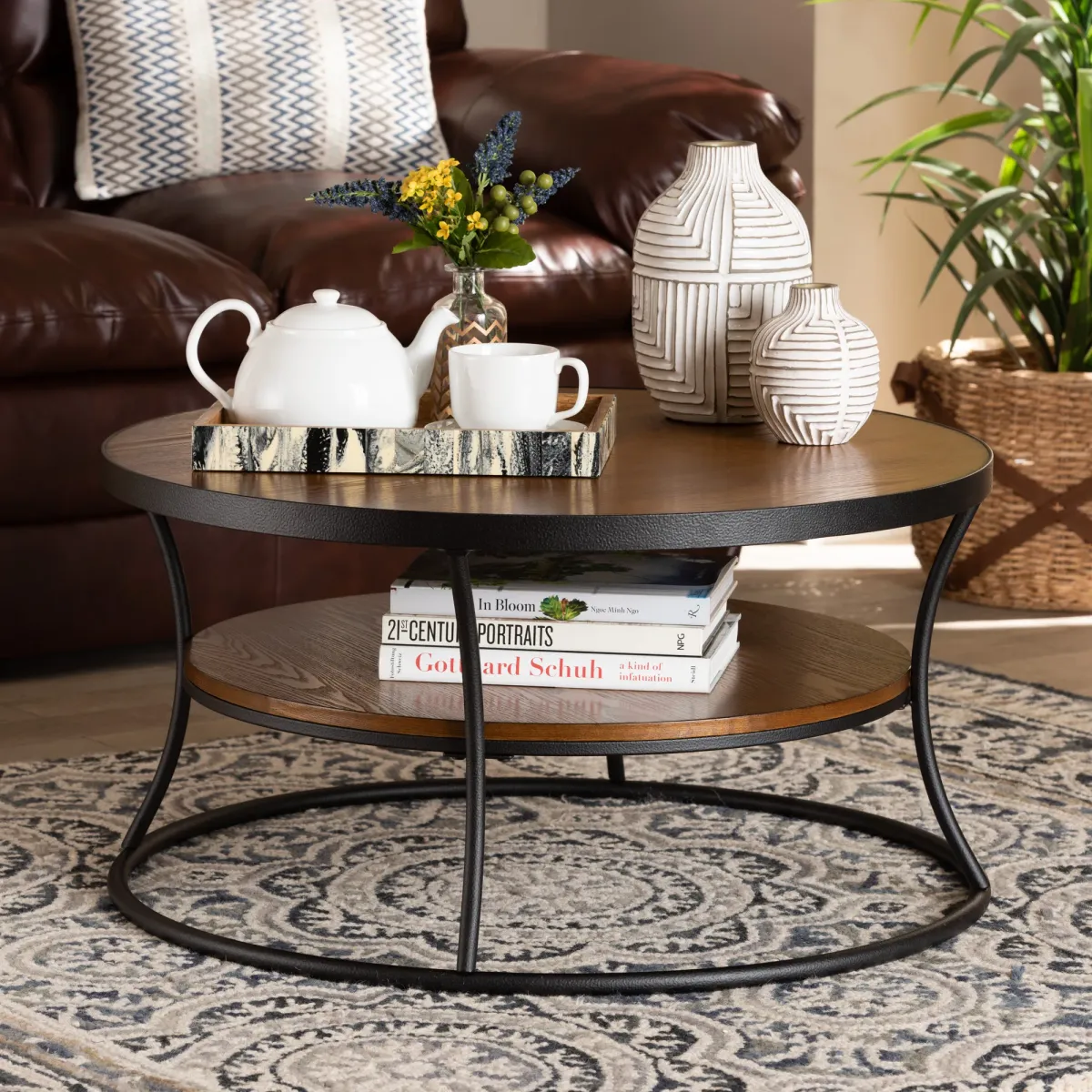 Baxton Studio Albany Walnut Brown Finished Wood And Black Finished Metal 1 Shelf Coffee Table