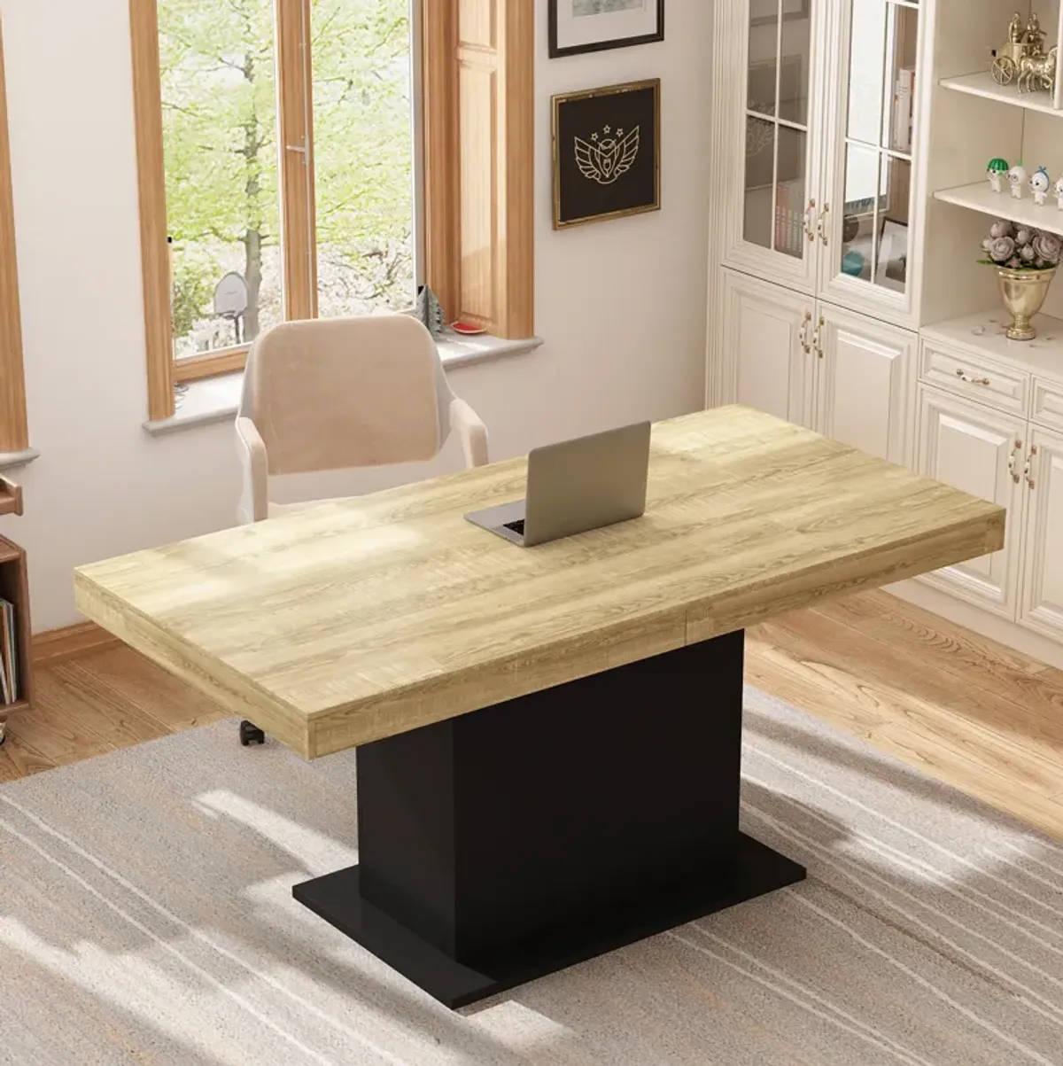 63- 78.7 in. Adjustable Width, Rectangle Wooden Grain Top & Black Bottom, Home Office Desk, Computer Desk, Writing Desk
