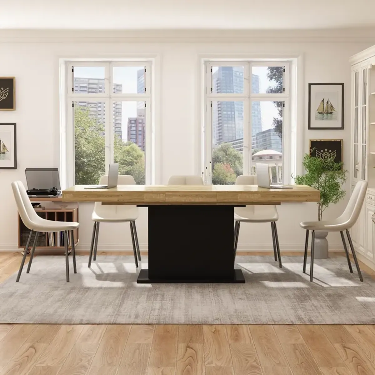 63- 78.7 in. Adjustable Width, Rectangle Wooden Grain Top & Black Bottom, Home Office Desk, Computer Desk, Writing Desk