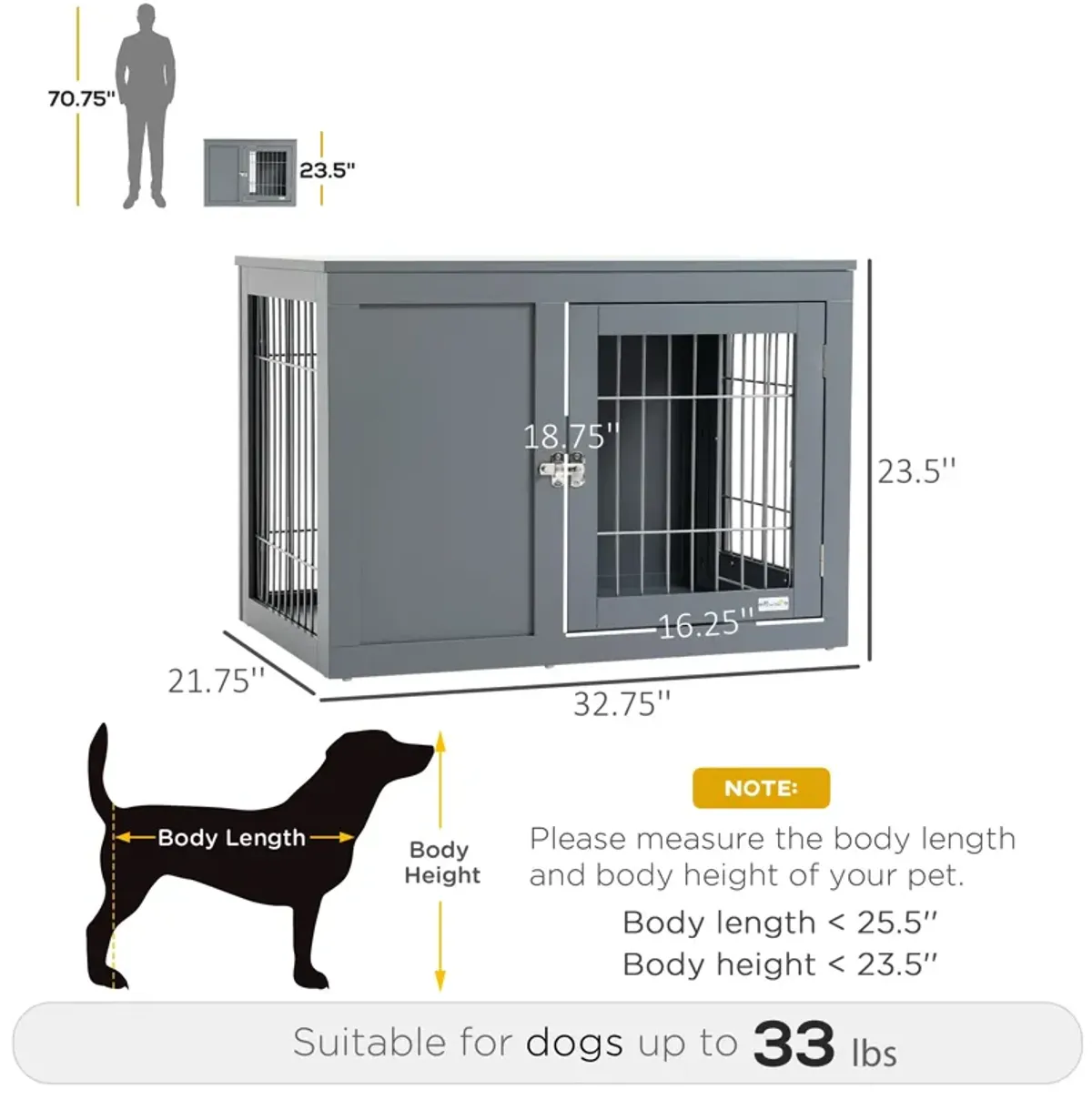 Gray Pet End Table: 33" Indoor Dog Cage with Double Doors