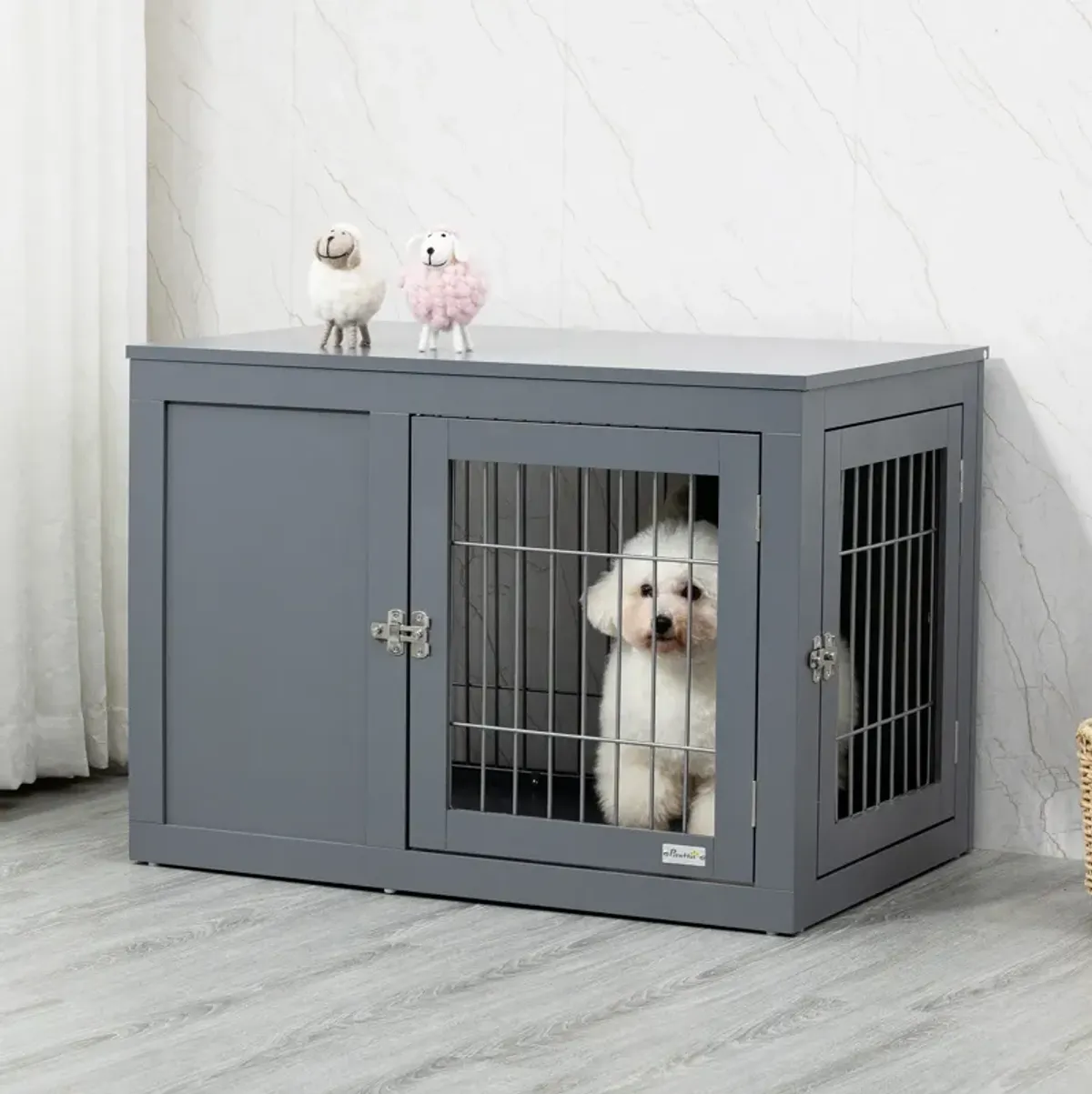 Gray Pet End Table: 33" Indoor Dog Cage with Double Doors