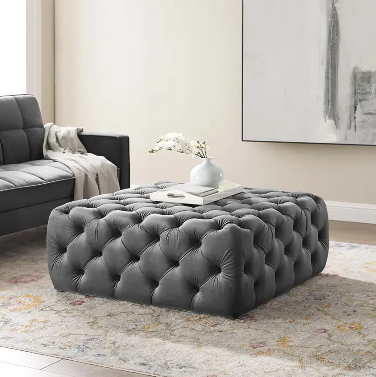 Amour Tufted Button Large Square Faux Leather Ottoman