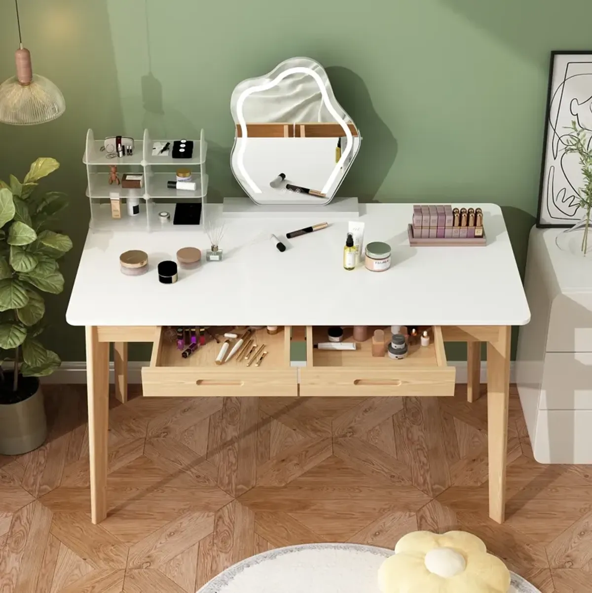 1-Piece White Wooden Makeup Vanity, Vanity Table, Dressing Desk with 2 Drawers, 47.2 in. W x 21.7 in. D x 29.5 in. H