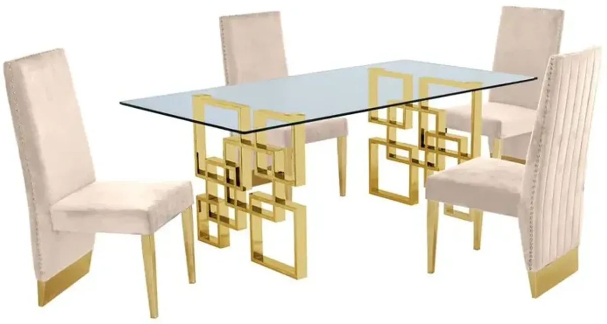 Classic 7 Piece Dining Set With Glass Table Top and Stainless Steel Legs w/Pleated Chairs, Beige