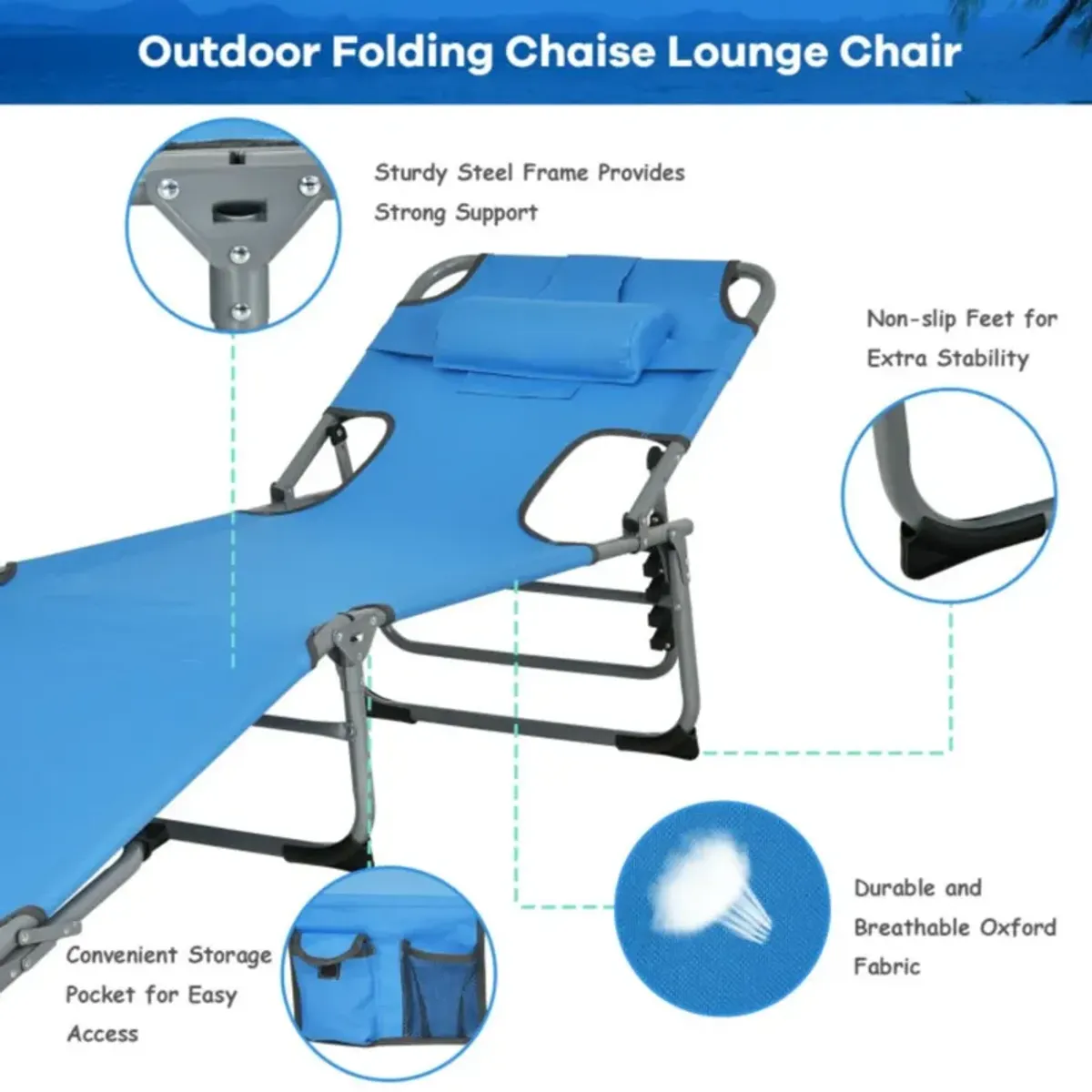 Hivvago Folding Beach Lounge Chair with Pillow for Outdoor