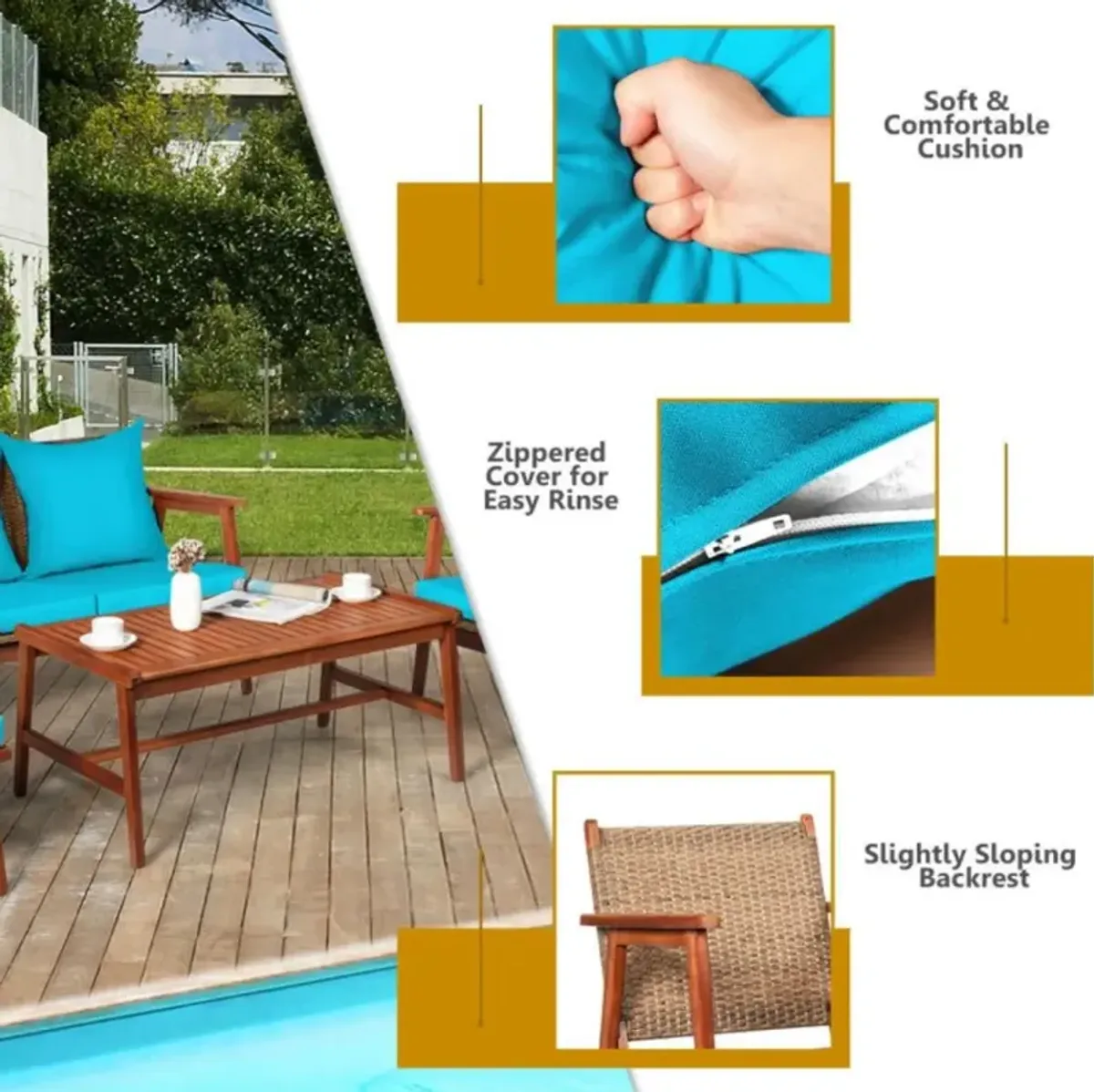 Hivvago 4 Pieces Acacia Wood Patio Rattan Furniture Set with Zippered Cushions