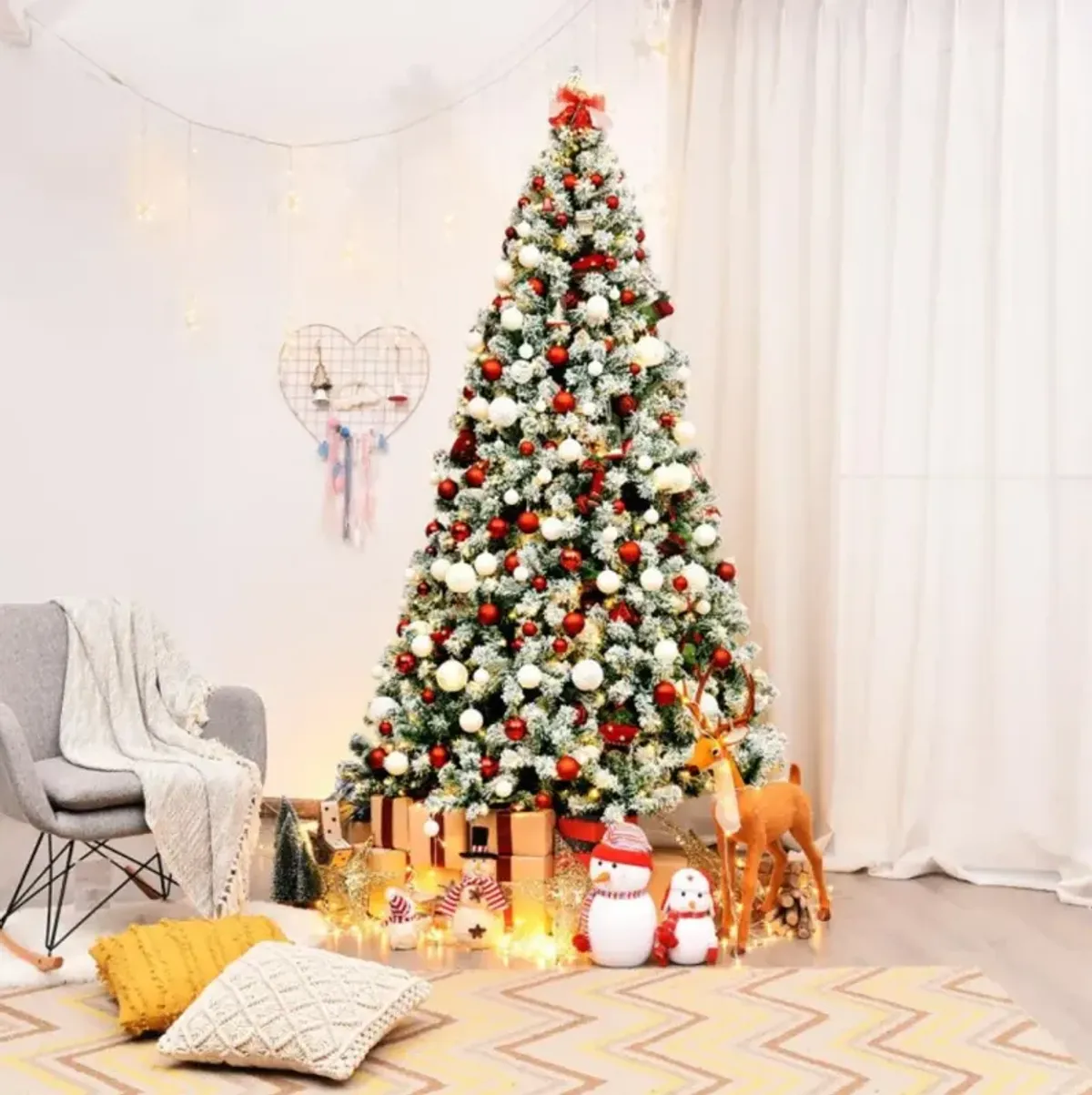 Hivvago 7.5 Feet Pre-Lit Premium Snow Flocked Hinged Artificial Christmas Tree with 550 Lights