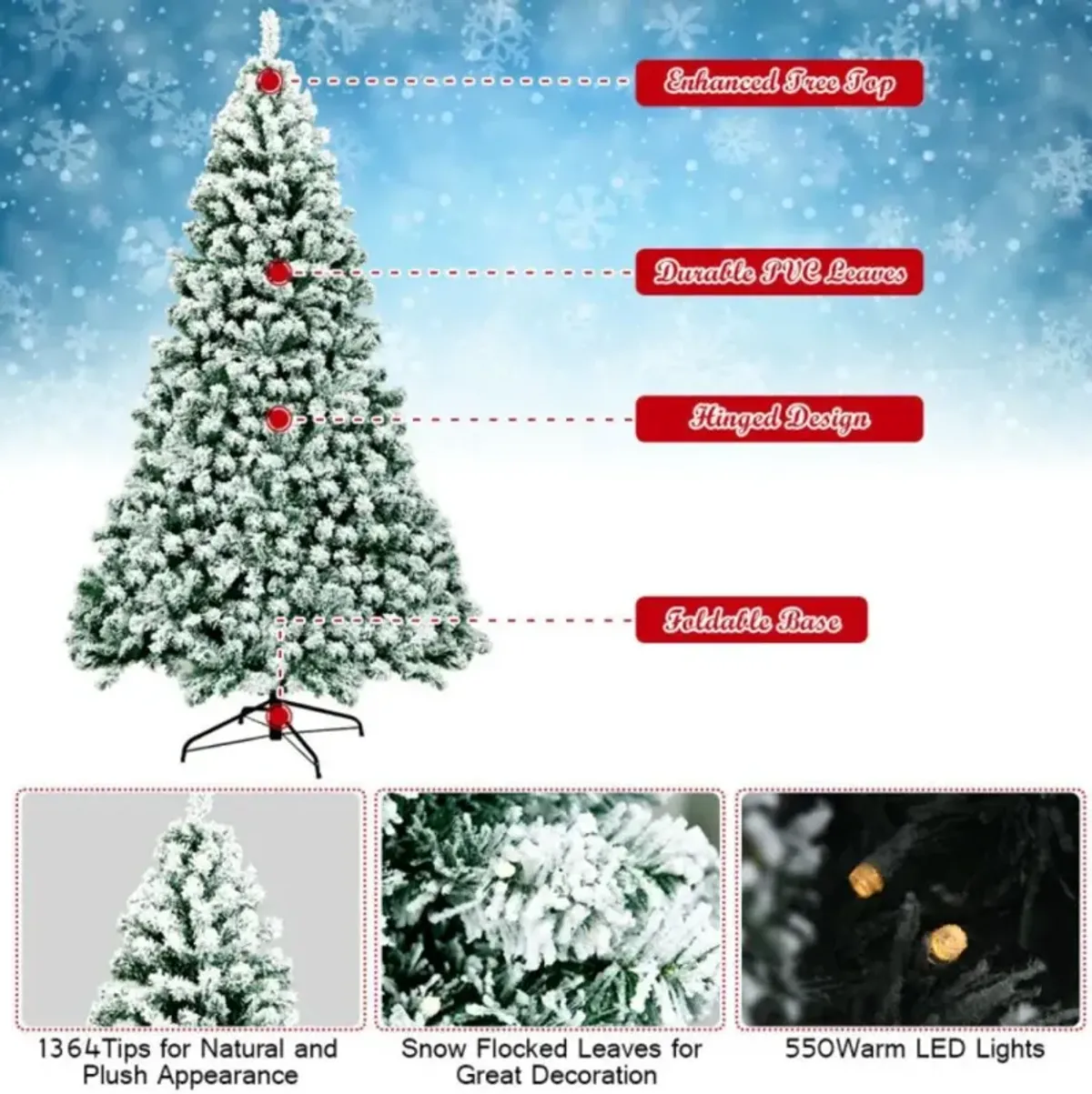 Hivvago 7.5 Feet Pre-Lit Premium Snow Flocked Hinged Artificial Christmas Tree with 550 Lights