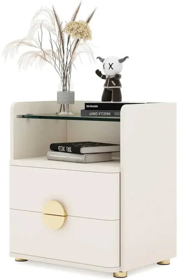 Tribesigns Nightstand with 2 Drawers, Modern Nightstand with Open Storage Shelf, White Bed Side Table for Bedroom, Tempered Glasses End Side Sofa Table for Living Room