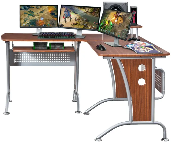 Deluxe L-Shaped Computer Desk With Pull Out Keyboard Panel, Mahogany