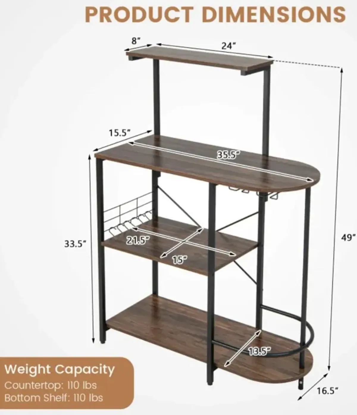 Hivvago 4-Tier Kitchen Bakers Rack with 6 S-Hooks and Stemware Racks-Rustic Brown