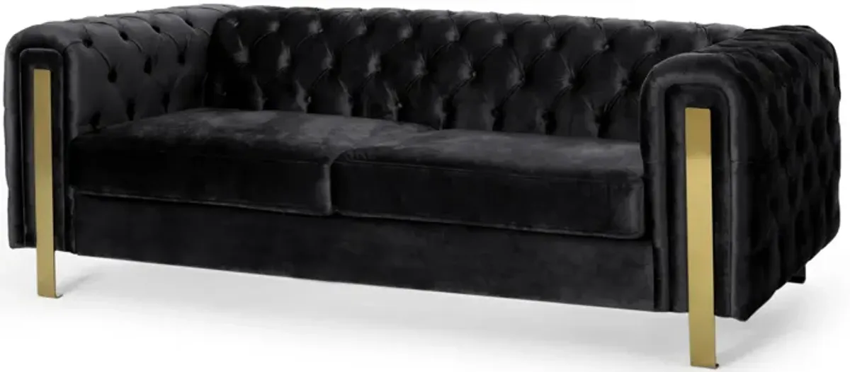 Nua Sofa, Chesterfield Tufted Black Velvet, Modern Gold Legs