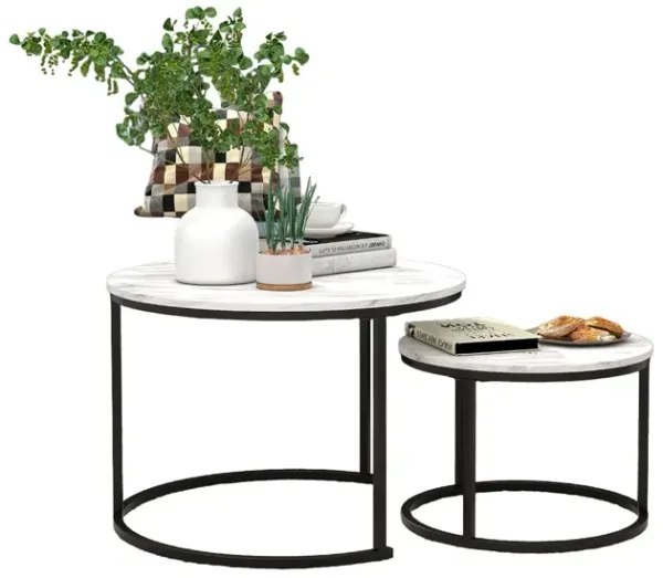 Coffee Tables for Living Room - Round Table Set of 2, Nesting Tables for Small Spaces, Easy Assembly, Black+White