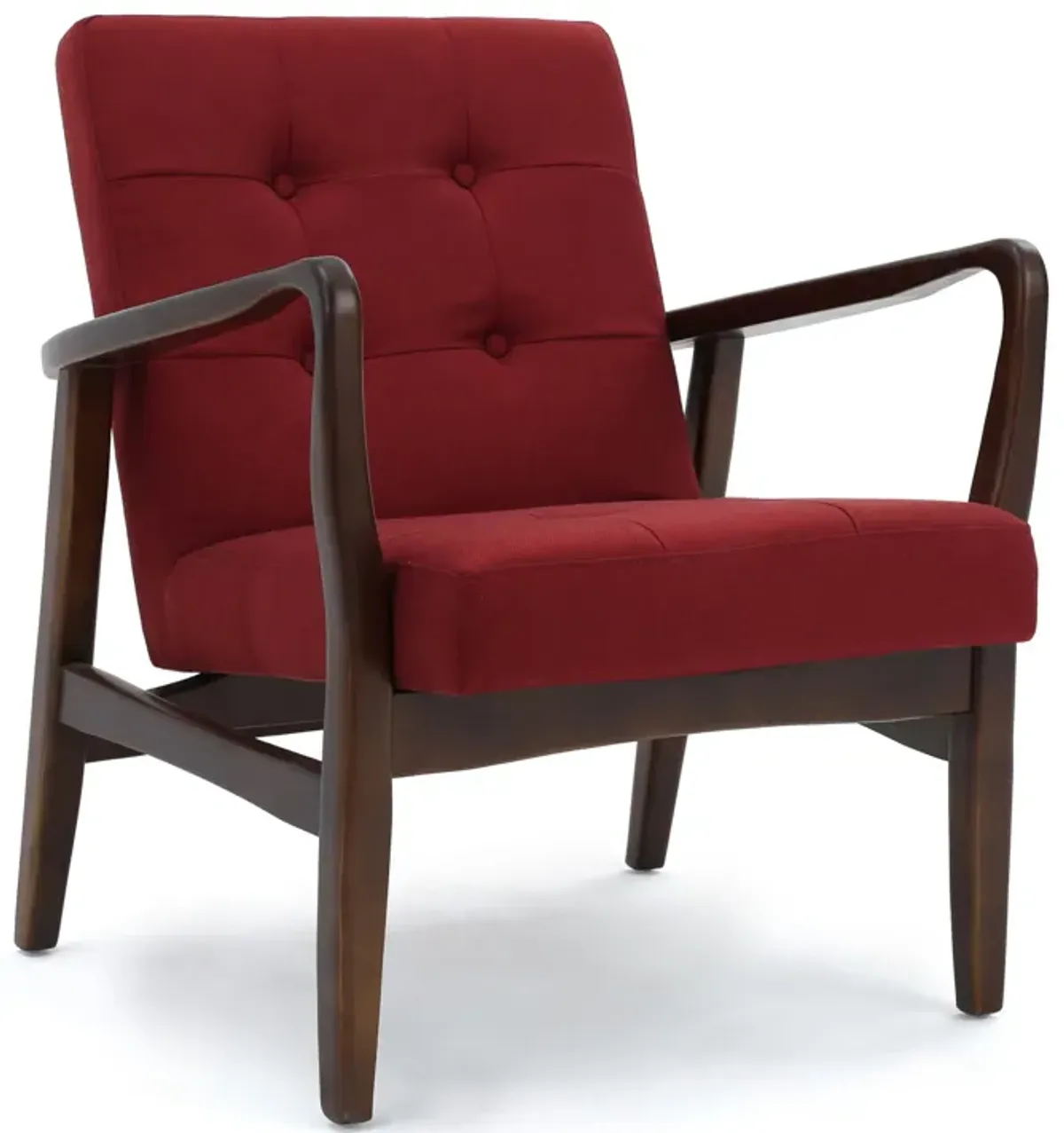 Mimi Accent Chair, Red Fabric, Button Tufted Backrest, Dark Brown Wood - Benzara