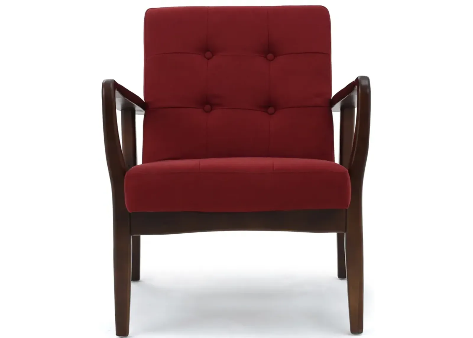 Mimi Accent Chair, Red Fabric, Button Tufted Backrest, Dark Brown Wood - Benzara