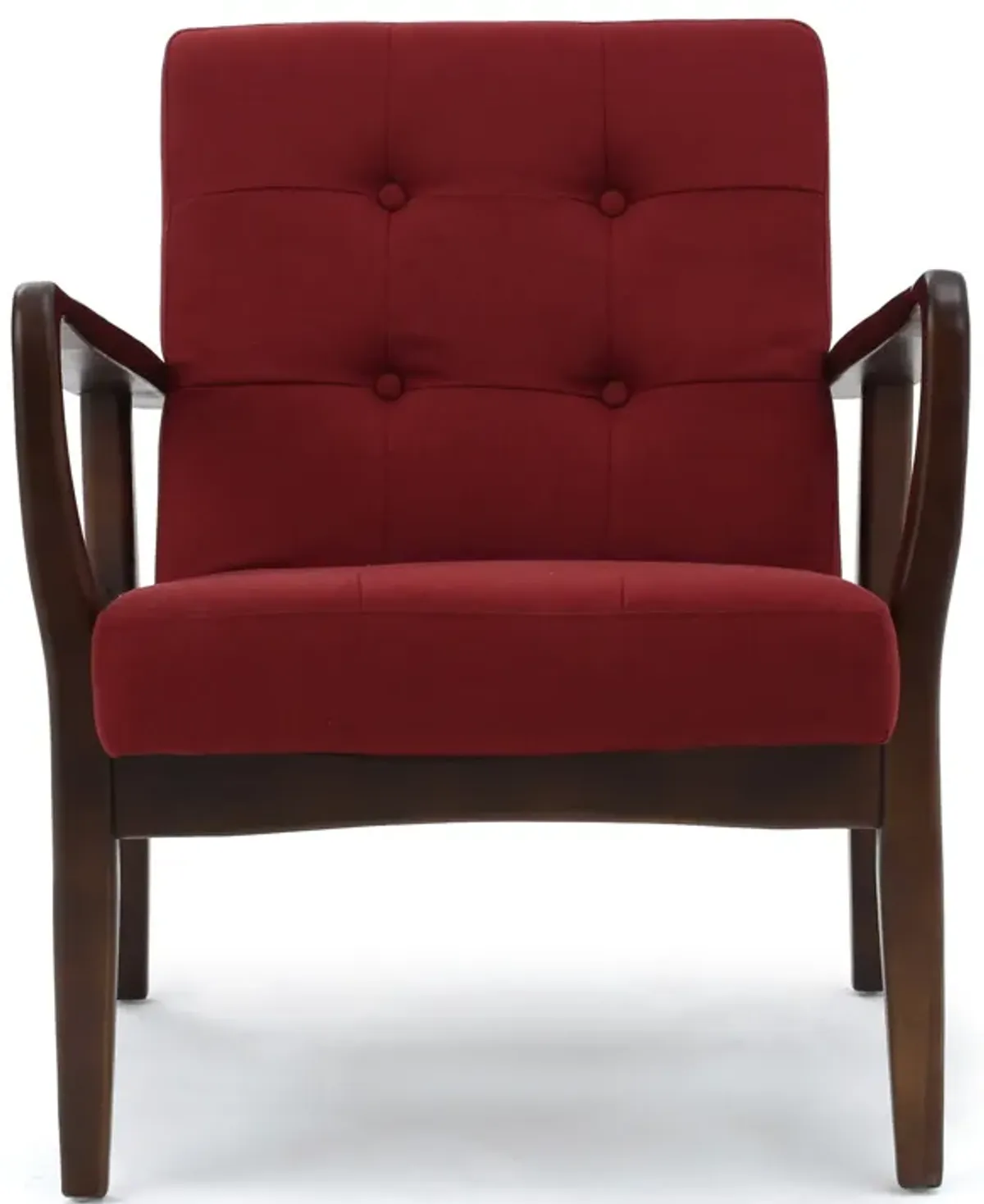 Mimi Accent Chair, Red Fabric, Button Tufted Backrest, Dark Brown Wood - Benzara