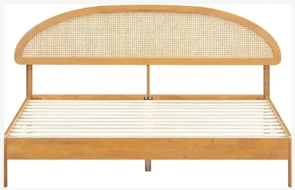 Gem Wooden Bed Frame With Headboard And Natural Rattan, Solid Oak/Rubber Wood Foundation With Silent Slats, 1000 Lb Capacity, Effortless Assembly (Natural Cane - Rustic Oak, King)