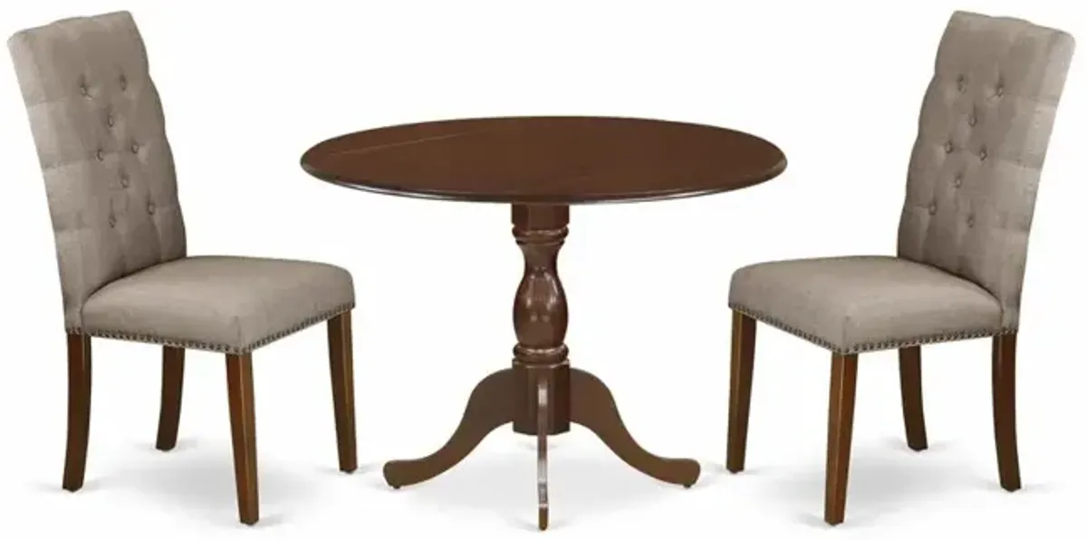 East West Furniture DMEL3-MAH-16 3 Piece Dining Table Set Consists of 1 Drop Leaves Dining Table and 2 Dark Khaki Linen Fabric Parson Chairs Button Tufted Back with Nail Heads - Mahogany Finish