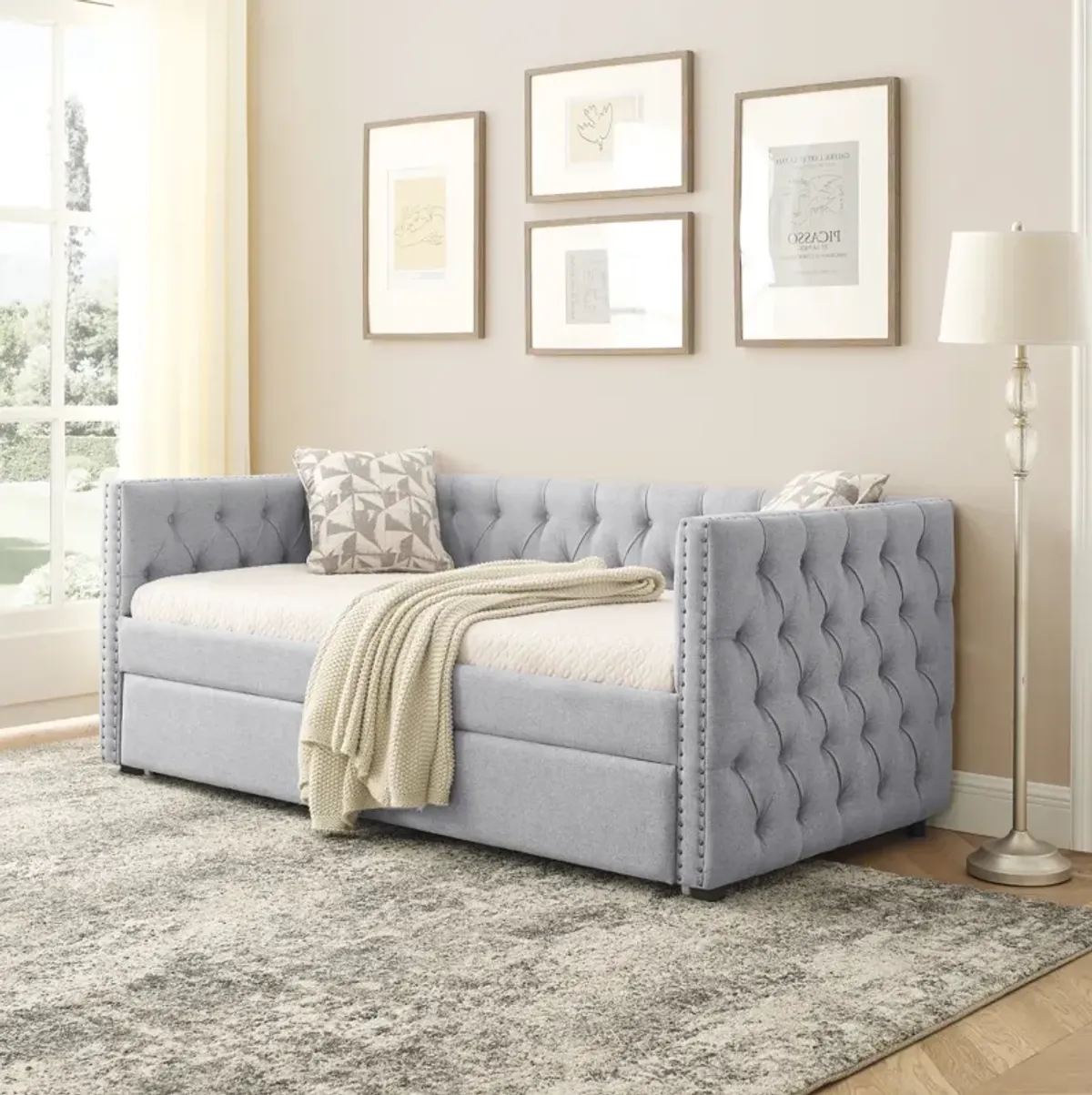 Grey Upholstered Twin Daybed with Trundle & Sofa Bed