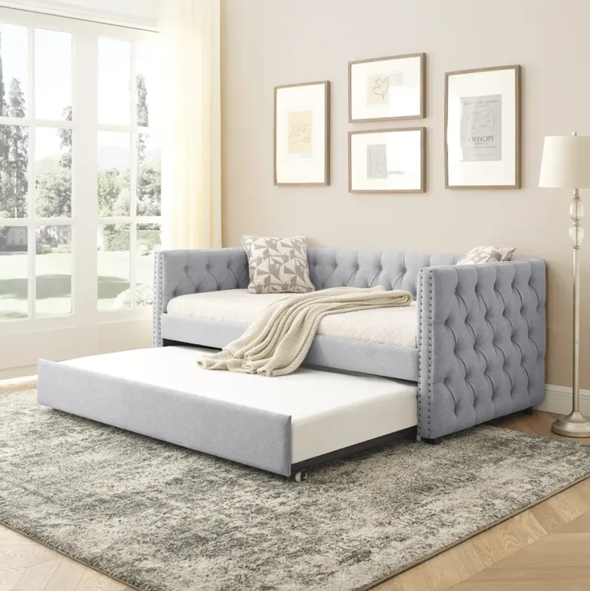 Grey Upholstered Twin Daybed with Trundle & Sofa Bed