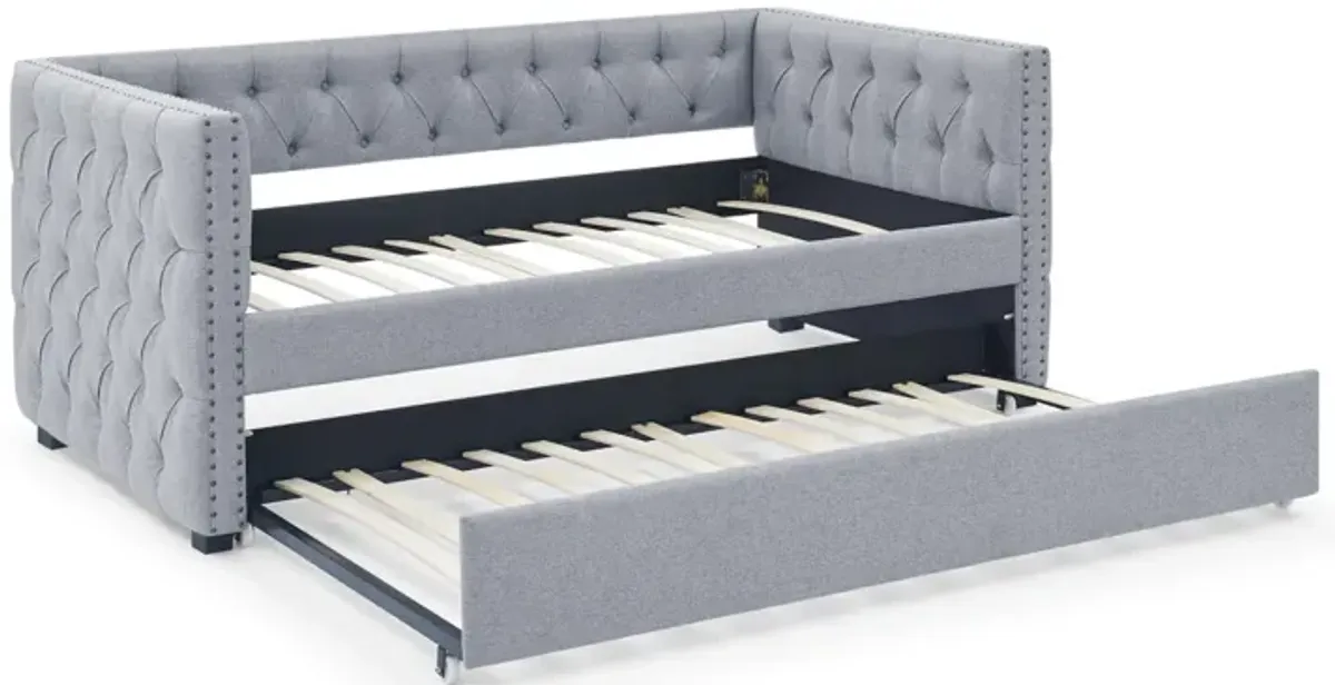 Grey Upholstered Twin Daybed with Trundle & Sofa Bed