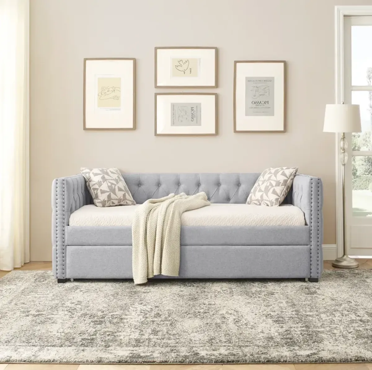 Grey Upholstered Twin Daybed with Trundle & Sofa Bed