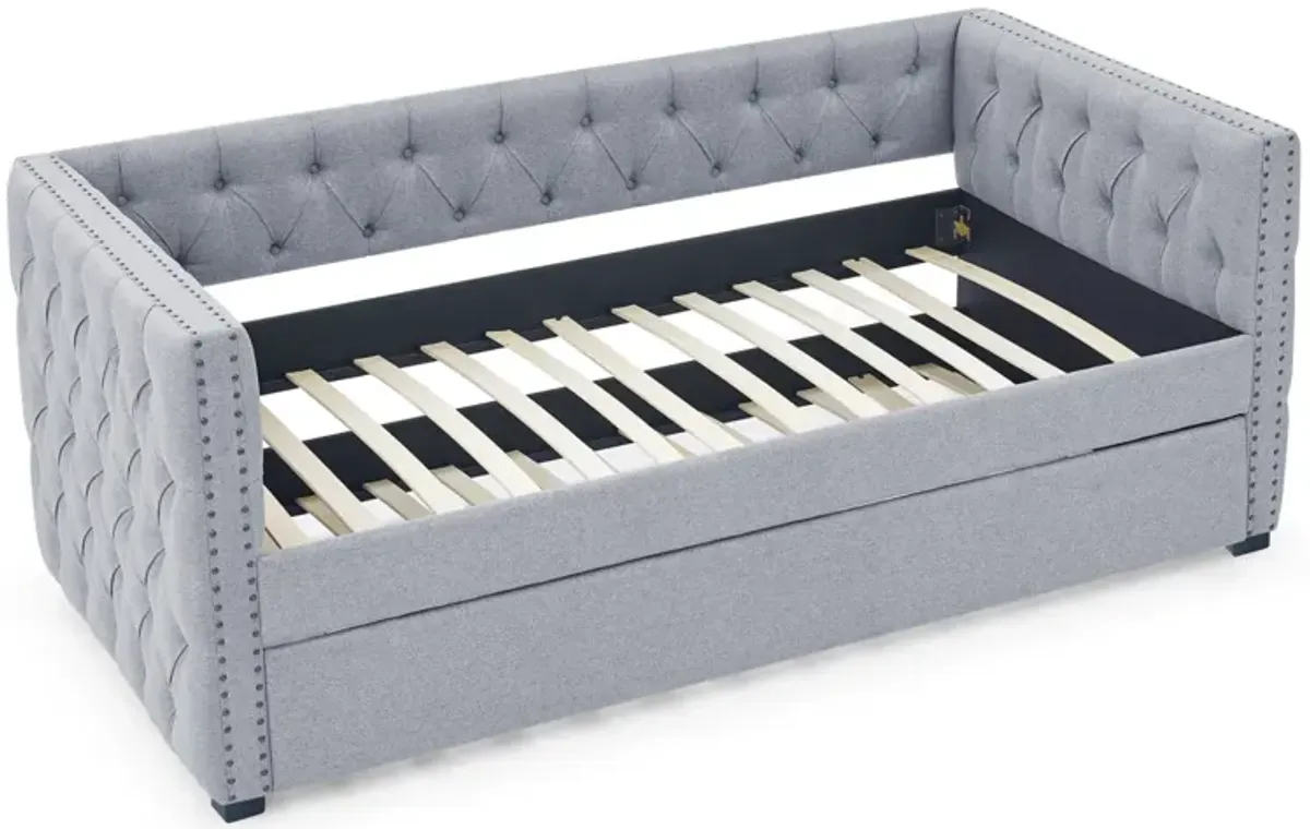 Grey Upholstered Twin Daybed with Trundle & Sofa Bed