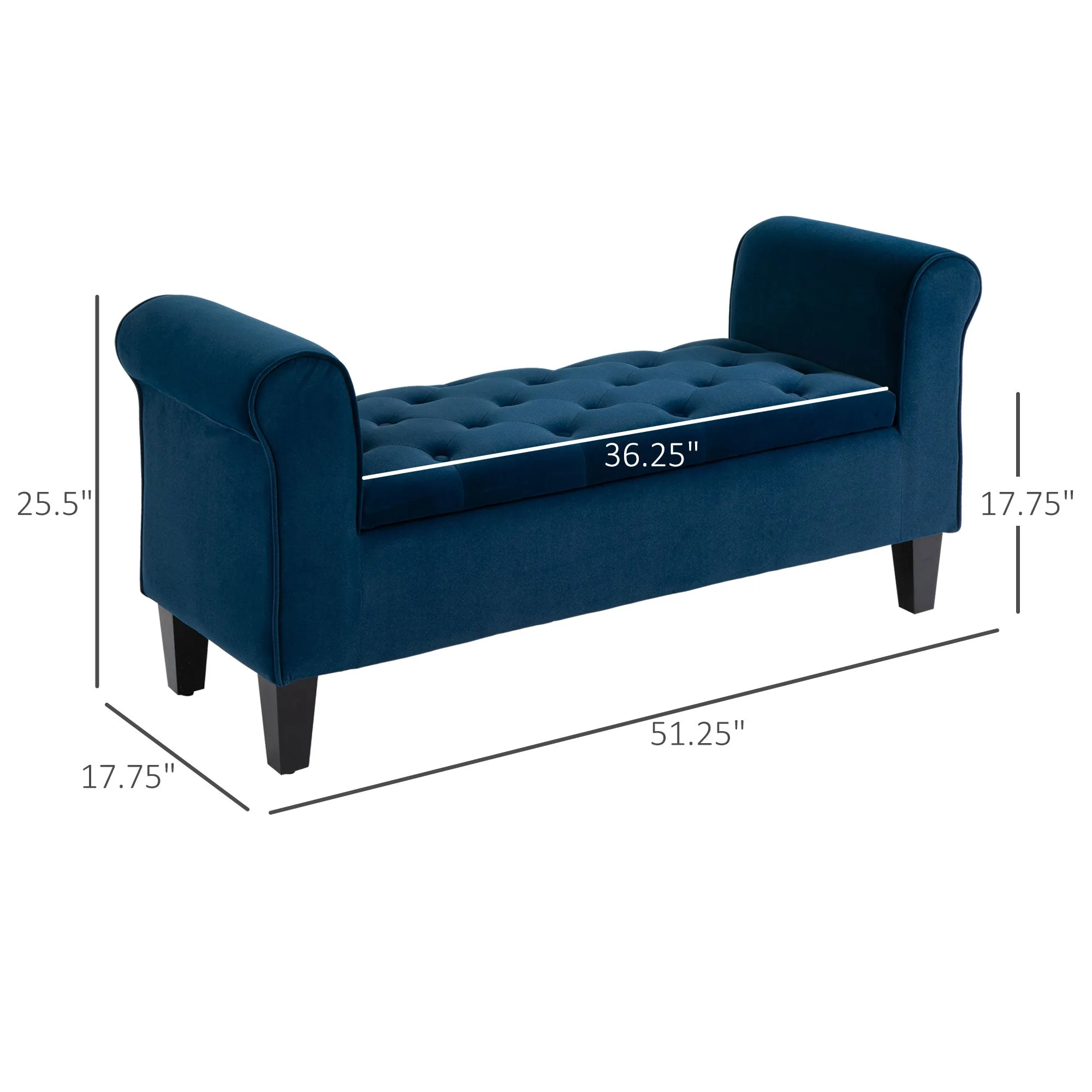 Blue Upholstered Storage: Button-Tufted Ottoman Bench with Arms