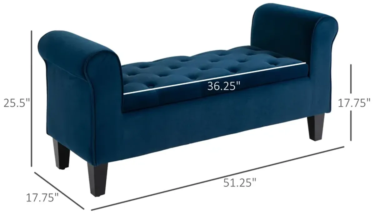 Blue Upholstered Storage: Button-Tufted Ottoman Bench with Arms