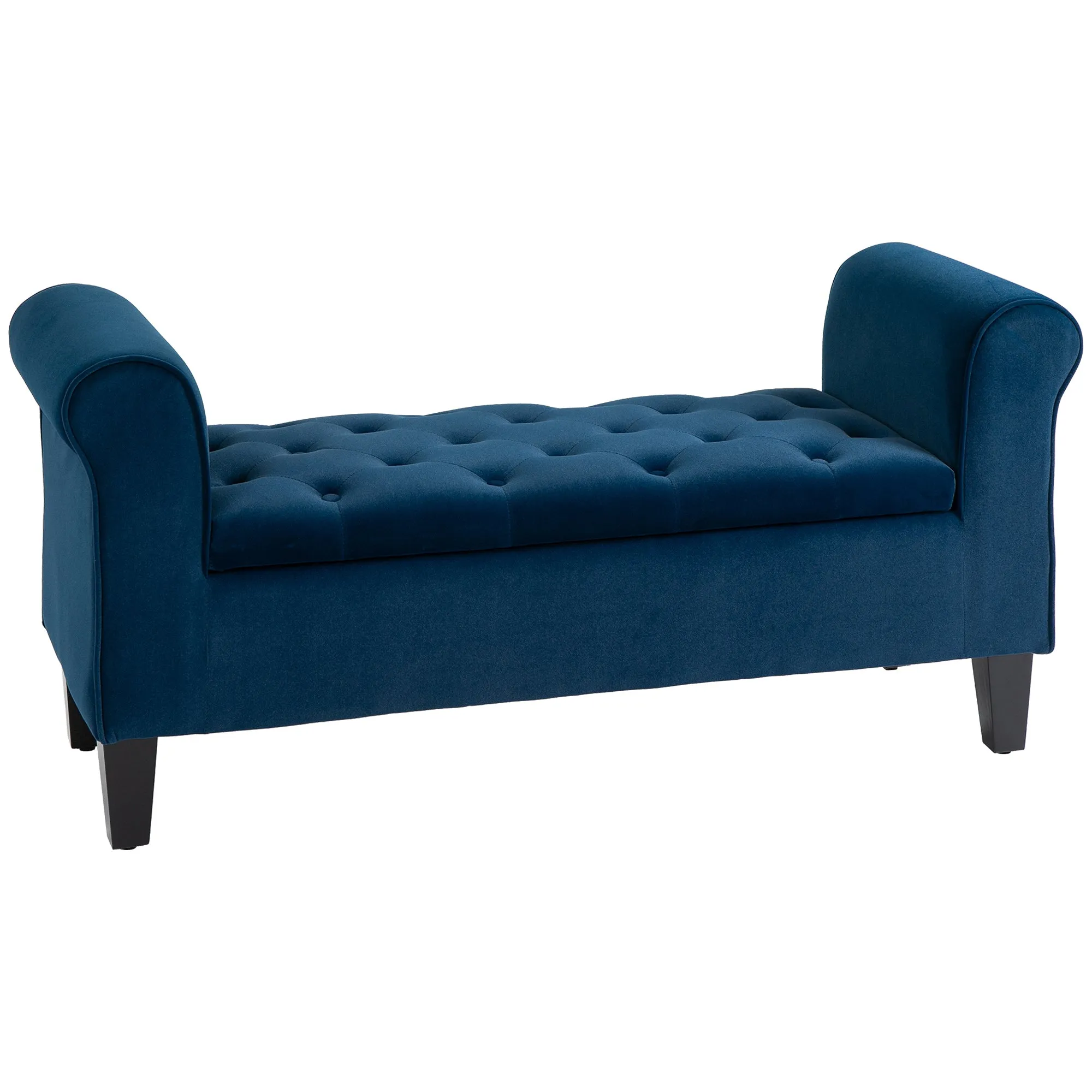 Blue Upholstered Storage: Button-Tufted Ottoman Bench with Arms