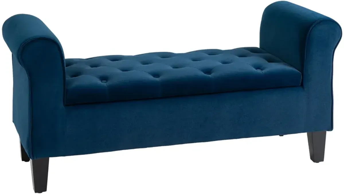 Blue Upholstered Storage: Button-Tufted Ottoman Bench with Arms