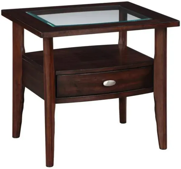 Ruen 27 Inch Side End Table, Glass Inset, Bottom Shelf, 1 Drawer, Brown - Benzara