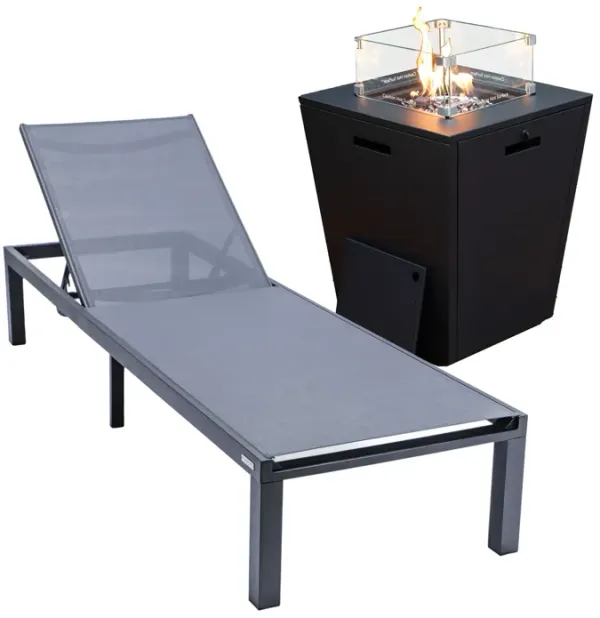 LeisureMod Marlin Modern Black Aluminum Outdoor Patio Chaise Lounge Chair in Black Frame with Square Fire Pit Side Table