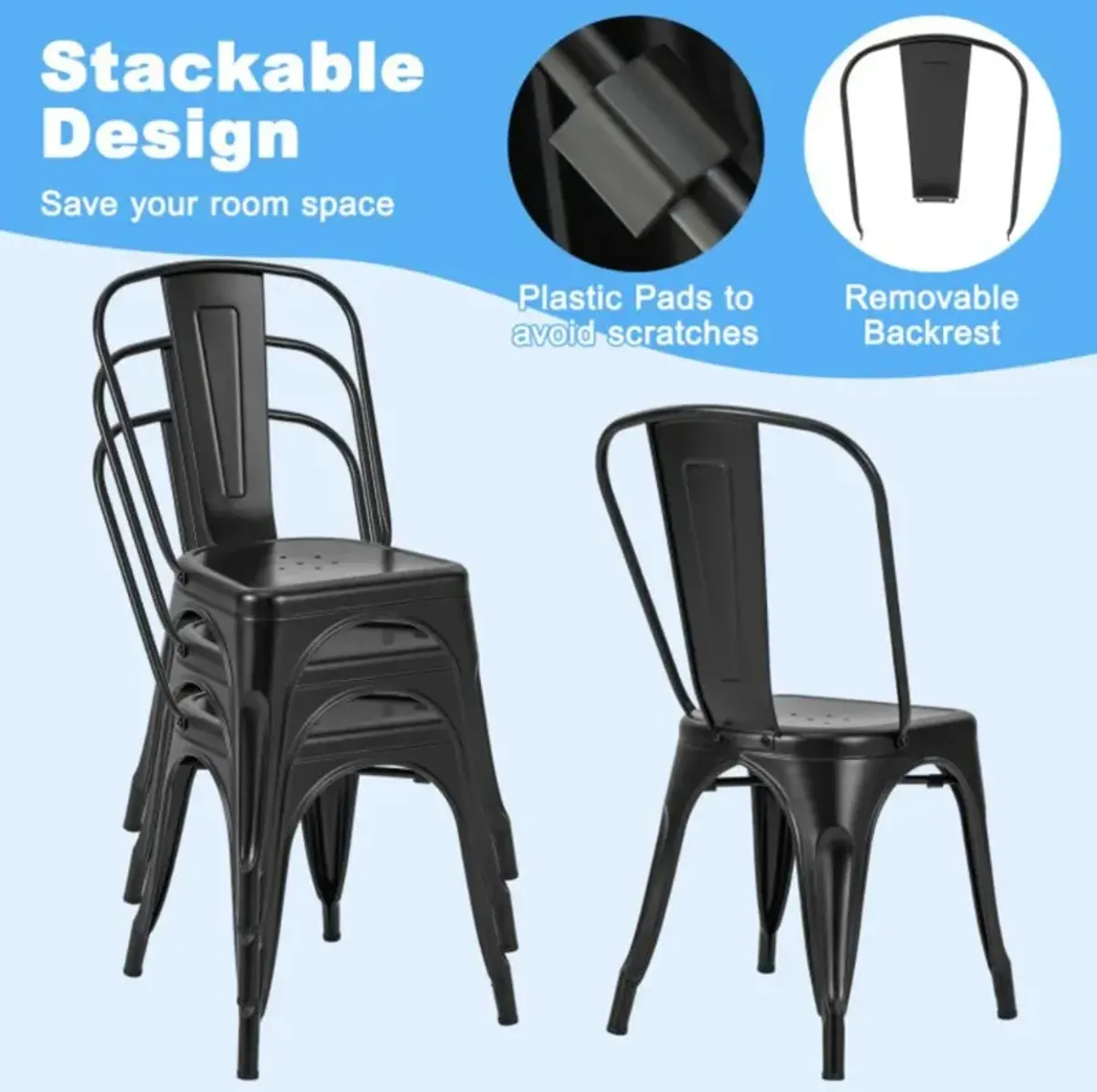 Hivvago 18 Inch Set of 4 Metal Dining Chair with Stackable Design