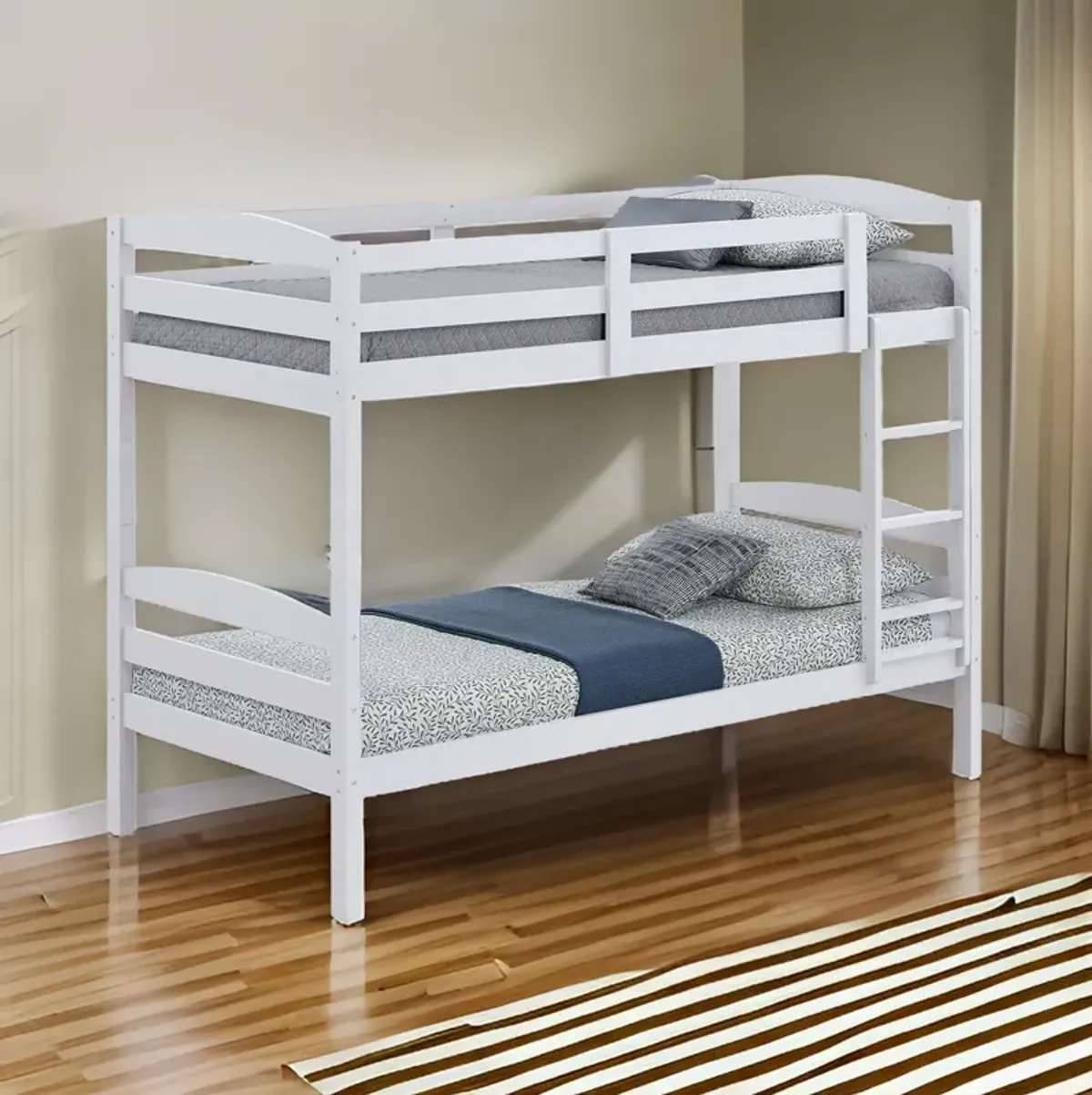 Sifa Twin Bunk Bed, Convenient Ladder, Arch Slat Design, White Solid Wood