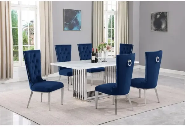 7pc Small(68") marble top dining set with silver base and 6 Navy Blue chairs