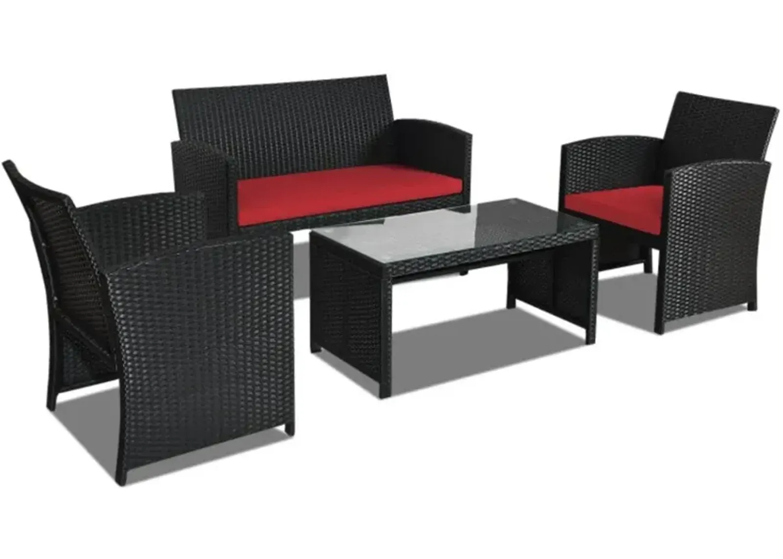 Hivvago 4 Pieces Rattan Patio Furniture Set with Weather Resistant Cushions and Tempered Glass Tabletop