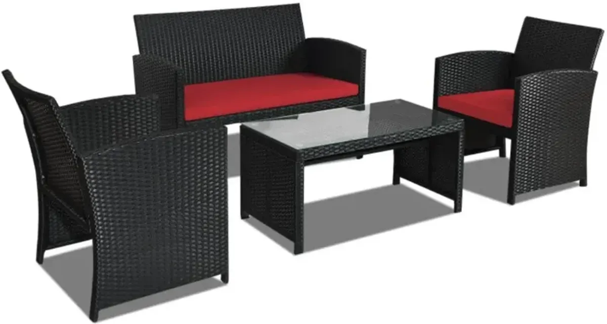 Hivvago 4 Pieces Rattan Patio Furniture Set with Weather Resistant Cushions and Tempered Glass Tabletop