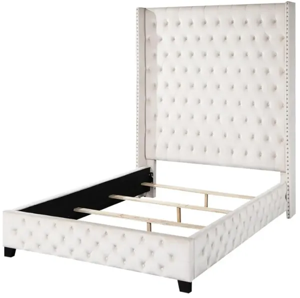 Daisy Wood Modern Queen Size Bed, Wingback, Button Tufted, Beige Velvet - Benzara