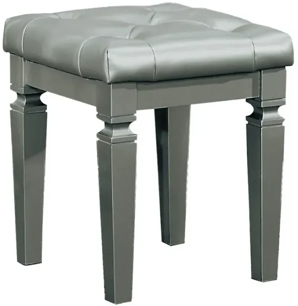 Wooden Vanity Stool With Faux Leather Tufted Seat, Gray-Benzara