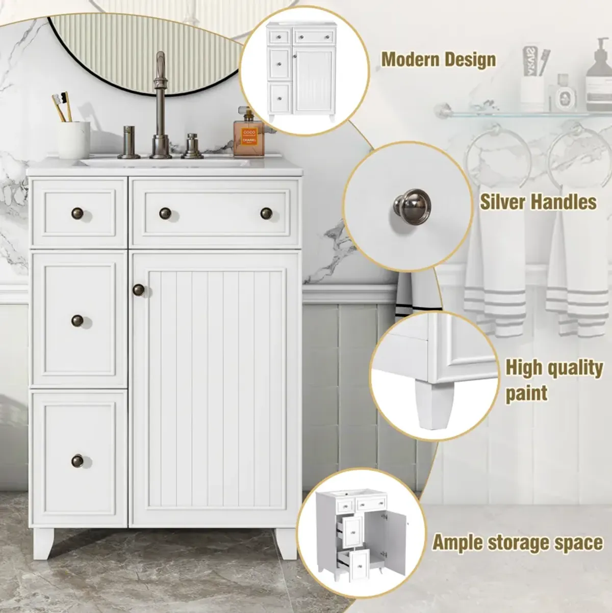 Whisen 24" Bathroom Storage Cabinet Bathroom Vanity with Ceramic Sink and 2 Drawers