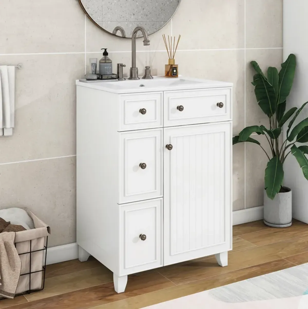 Whisen 24" Bathroom Storage Cabinet Bathroom Vanity with Ceramic Sink and 2 Drawers