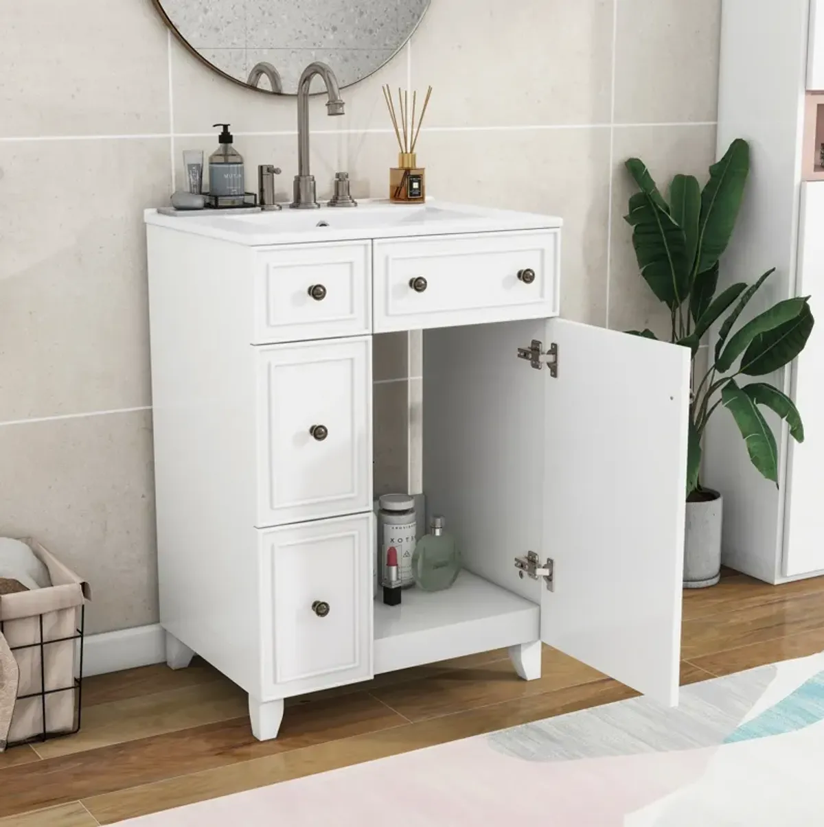 Whisen 24" Bathroom Storage Cabinet Bathroom Vanity with Ceramic Sink and 2 Drawers