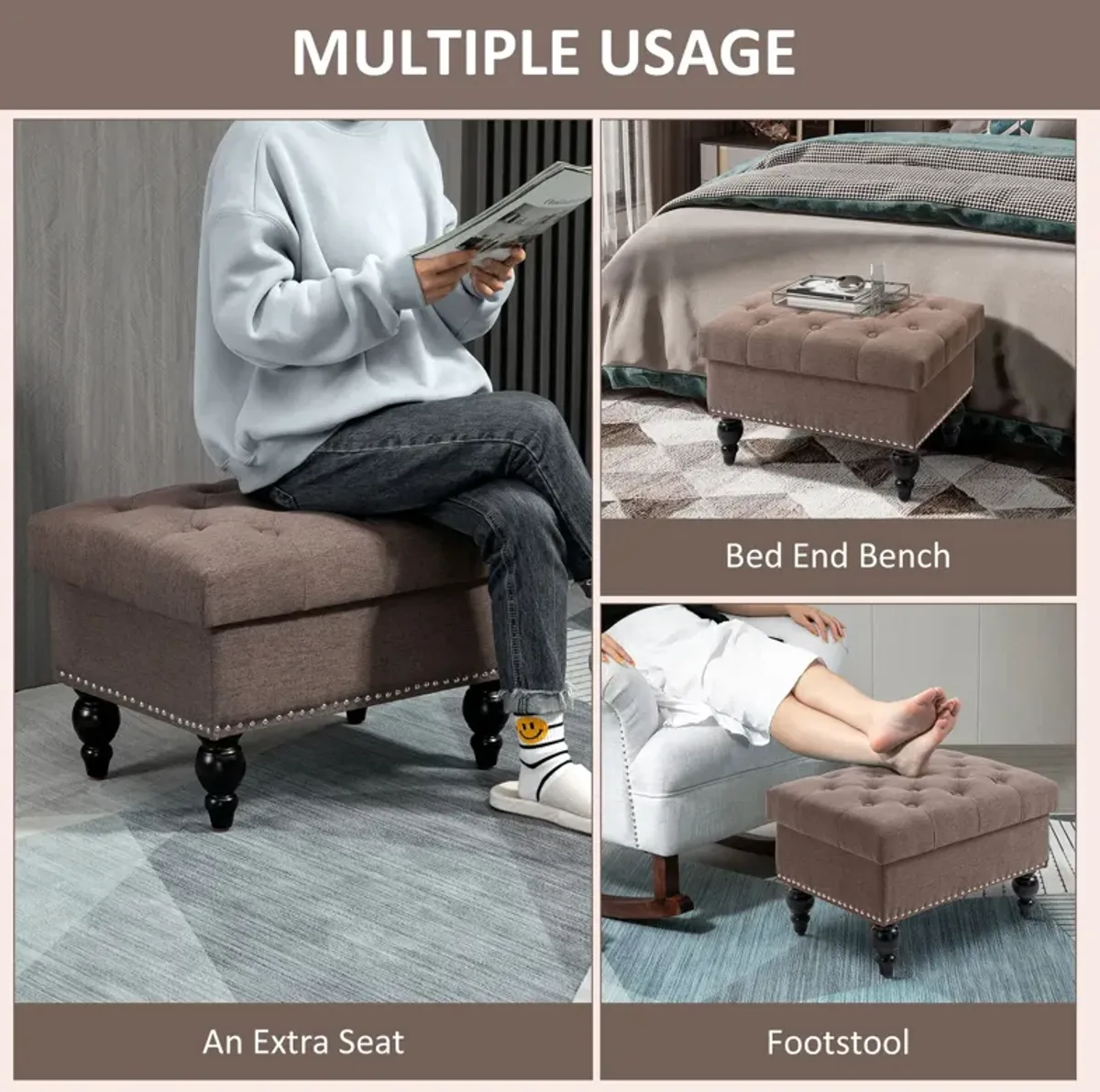 Fabric Dual-Use Ottoman: Button-Tufted Storage Bench Coffee Table