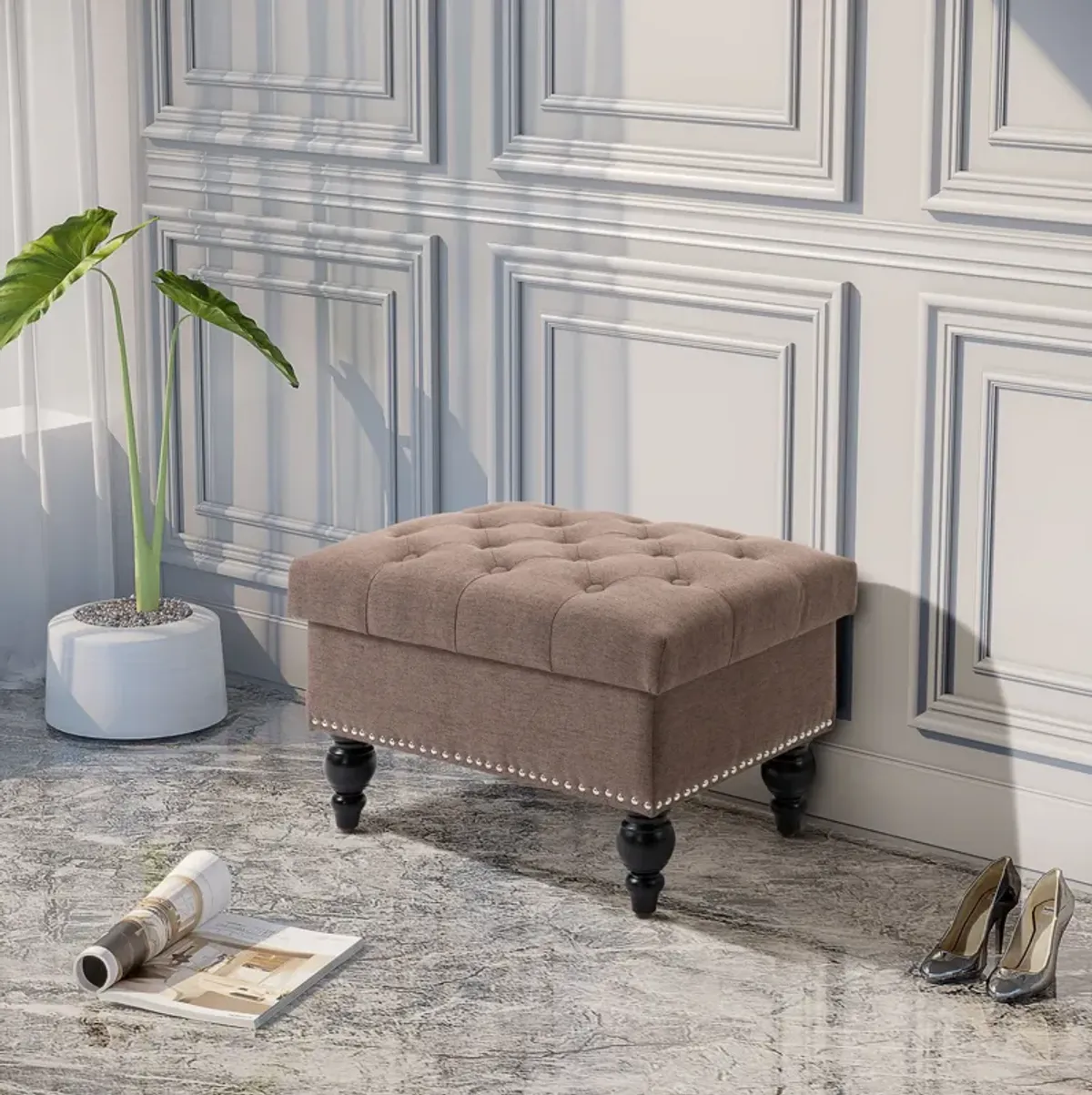 Fabric Dual-Use Ottoman: Button-Tufted Storage Bench Coffee Table