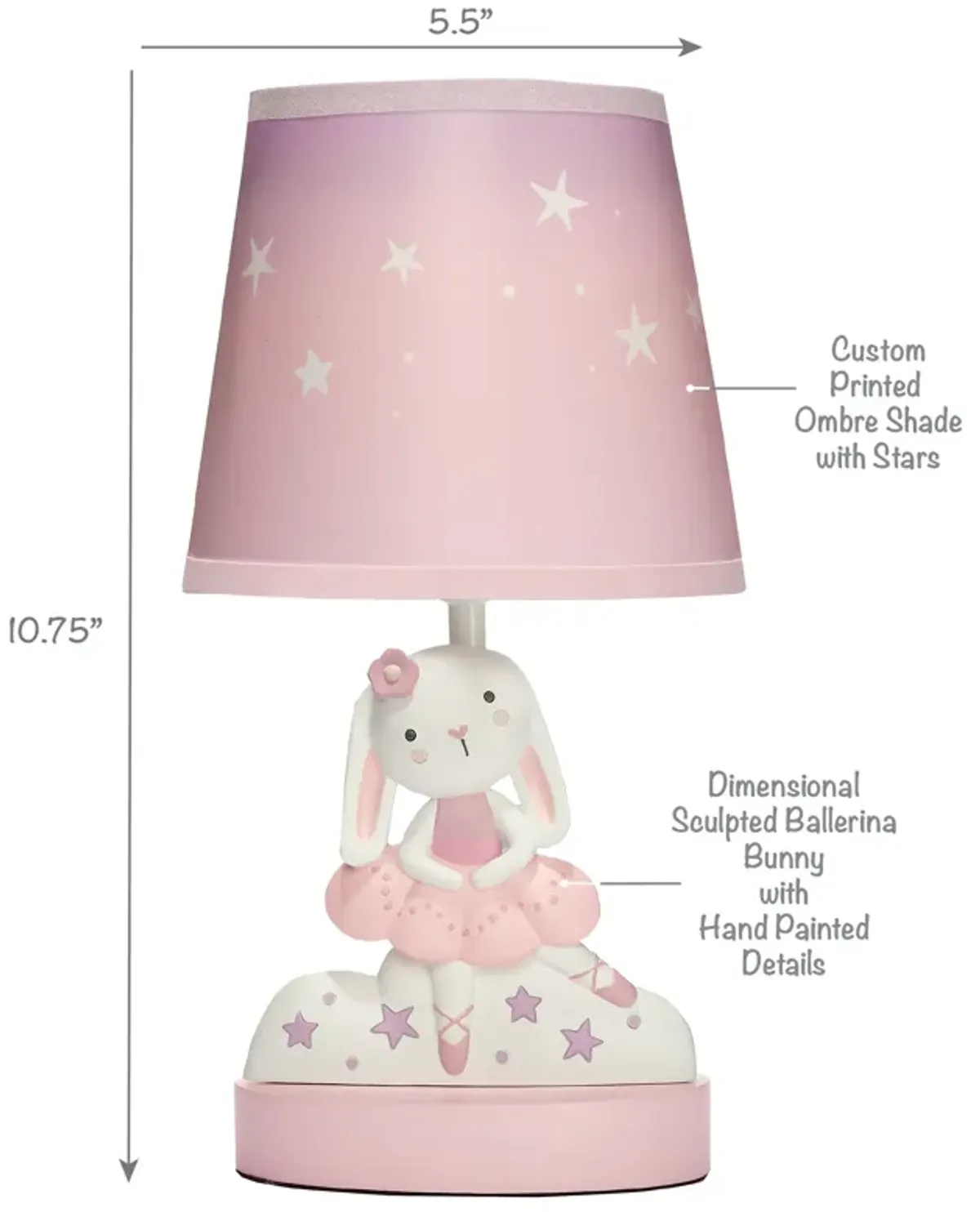 Bedtime Originals Tiny Dancer Bunny & Stars Pink Nursery Lamp with Shade & Bulb