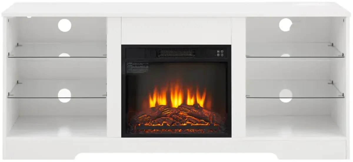 Electric Fireplace TV Stand with Glass Shelves – Cozy Entertainment Center with Stylish Storage