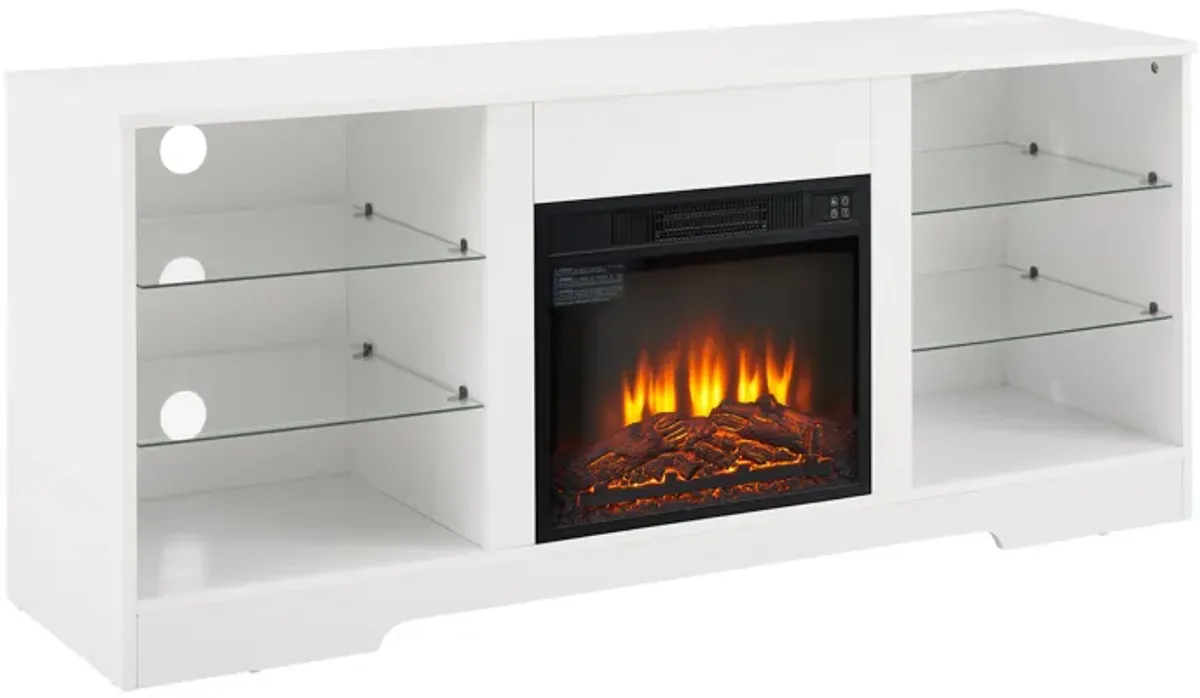 Electric Fireplace TV Stand with Glass Shelves – Cozy Entertainment Center with Stylish Storage