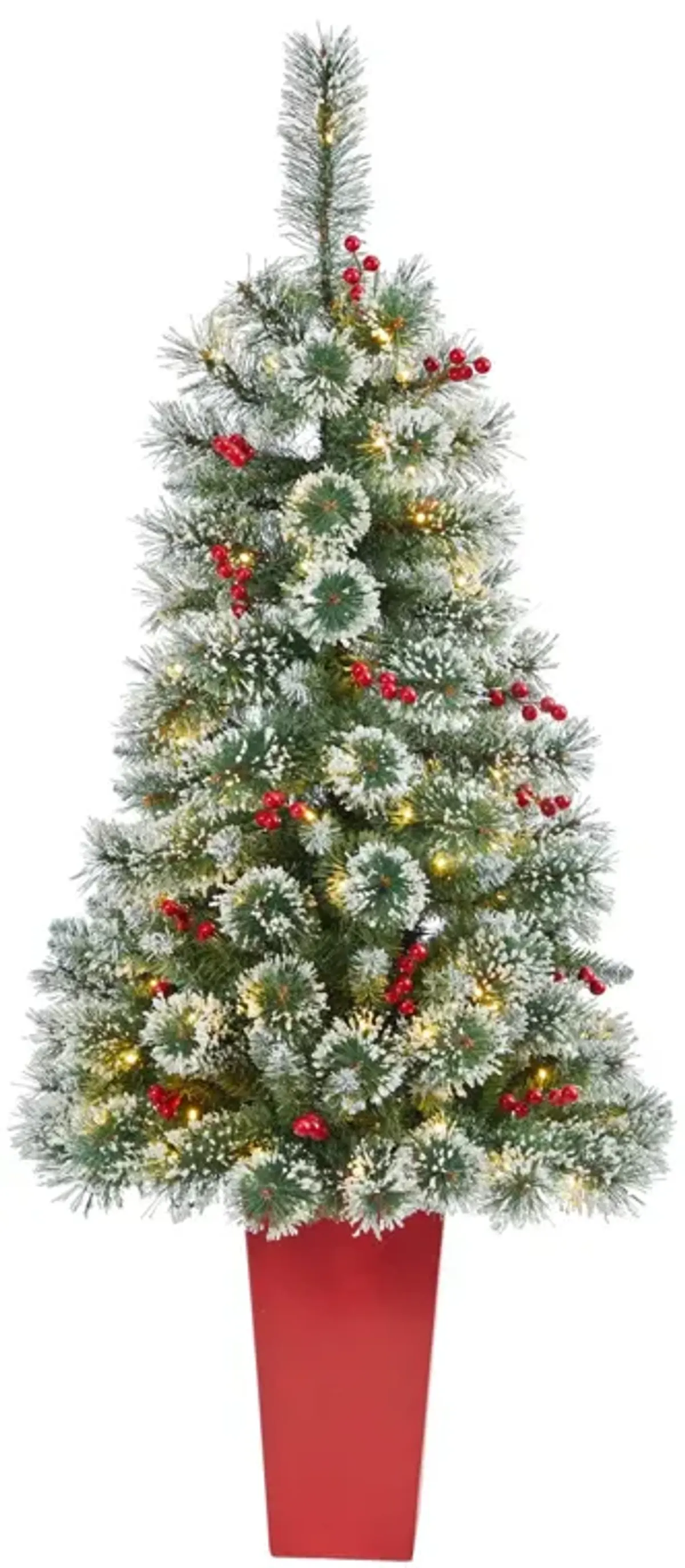 Nearly Natural 52-in Frosted Swiss Pine Christmas Tree 100 LED in Red Planter